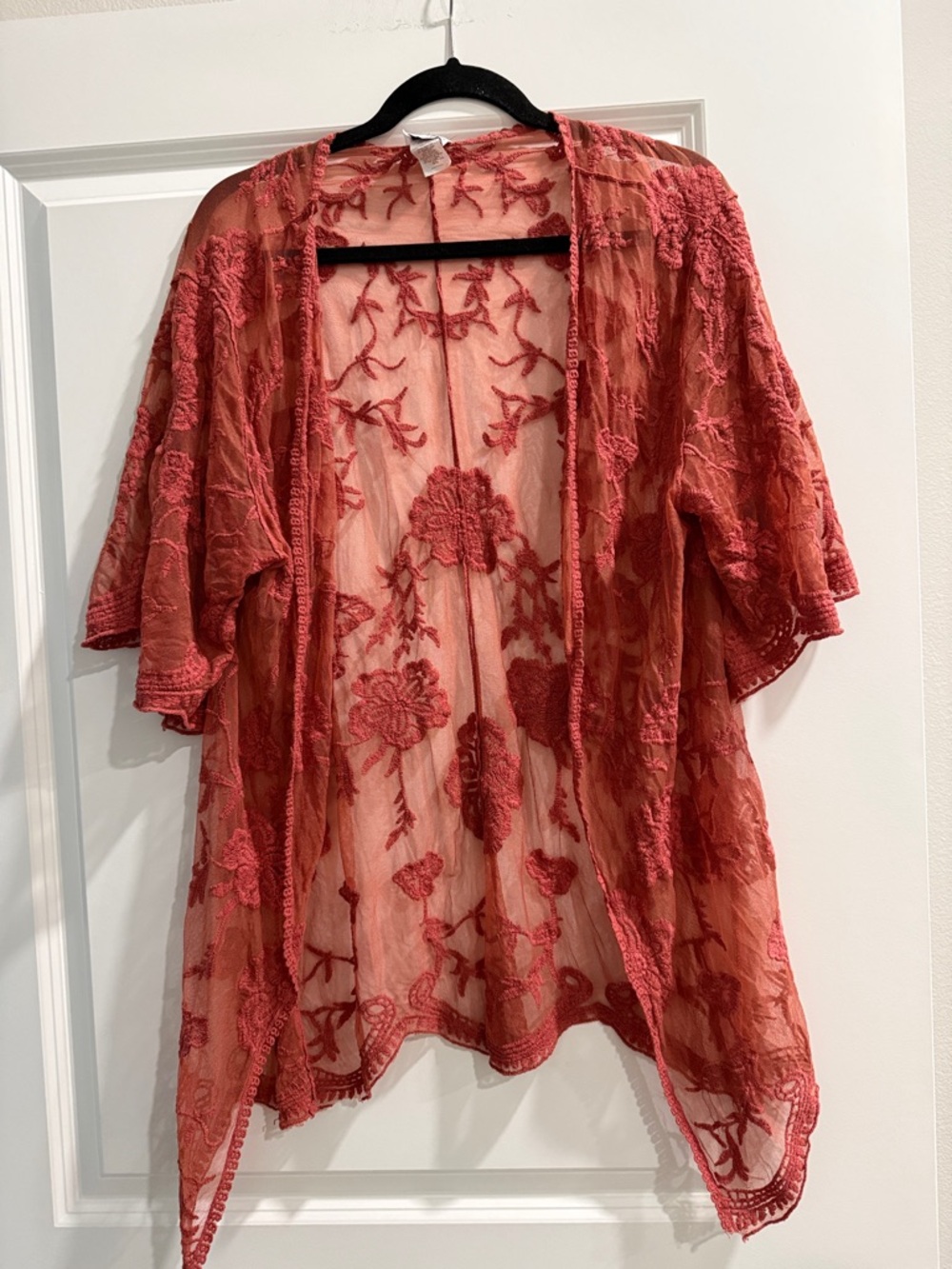 Embroidered Sheer Kimono in Coral Red sz s/ m